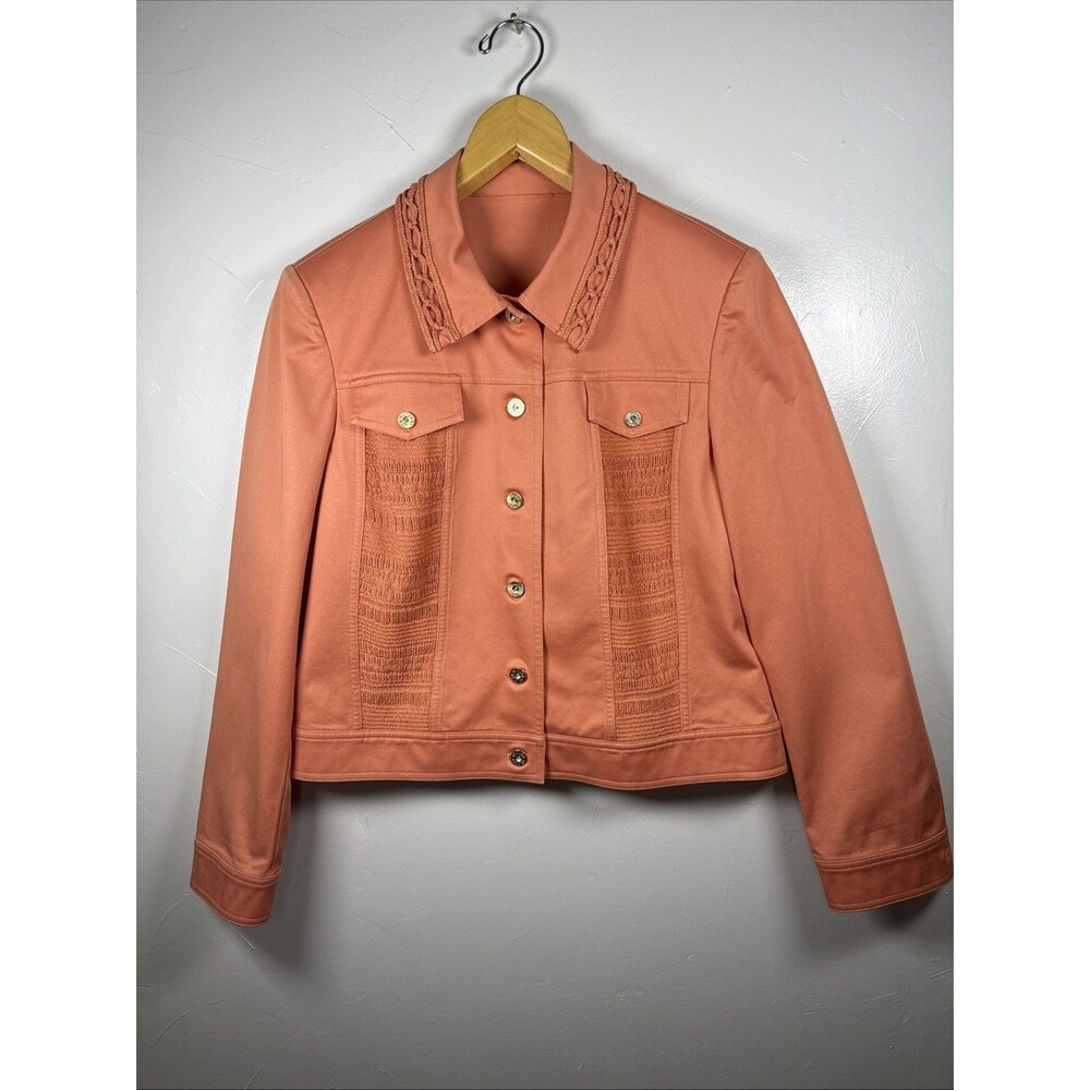 St. John Sport Women's Peach Cotton Blend Crochet Trim Jacket Sz Medium Large